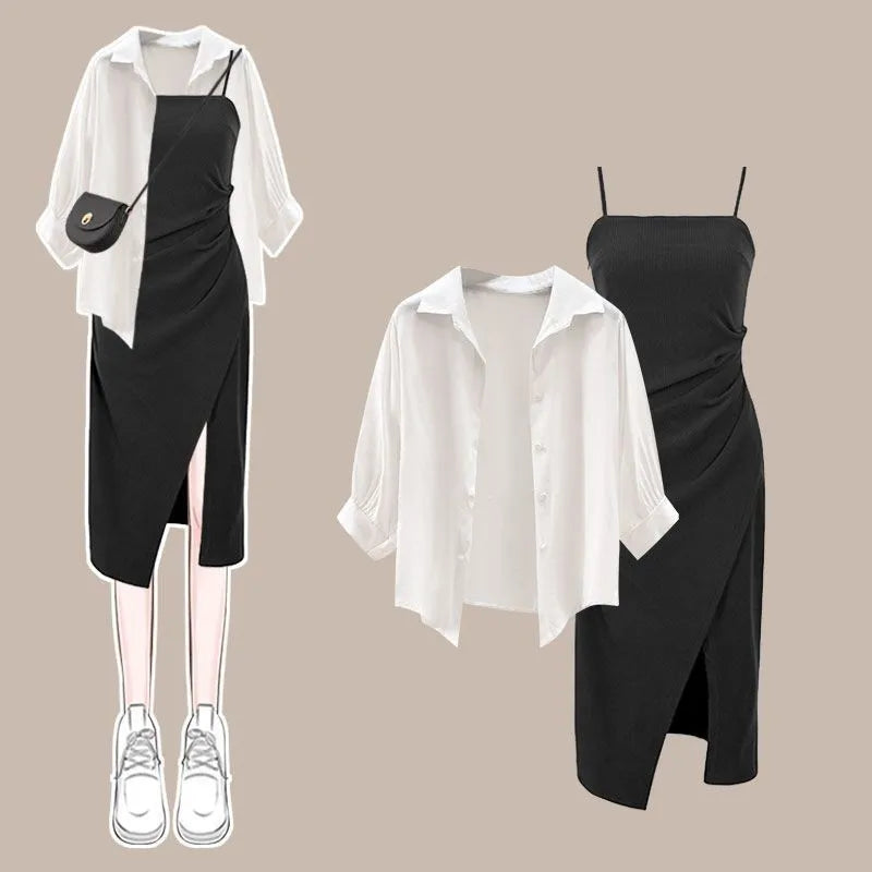 Women's Summer Dress Matching Set 2026 New Fashion Chiffon Sunscreen Shirt Slip Skirt Two-piece Korean Elegant Chic Blouse Suit