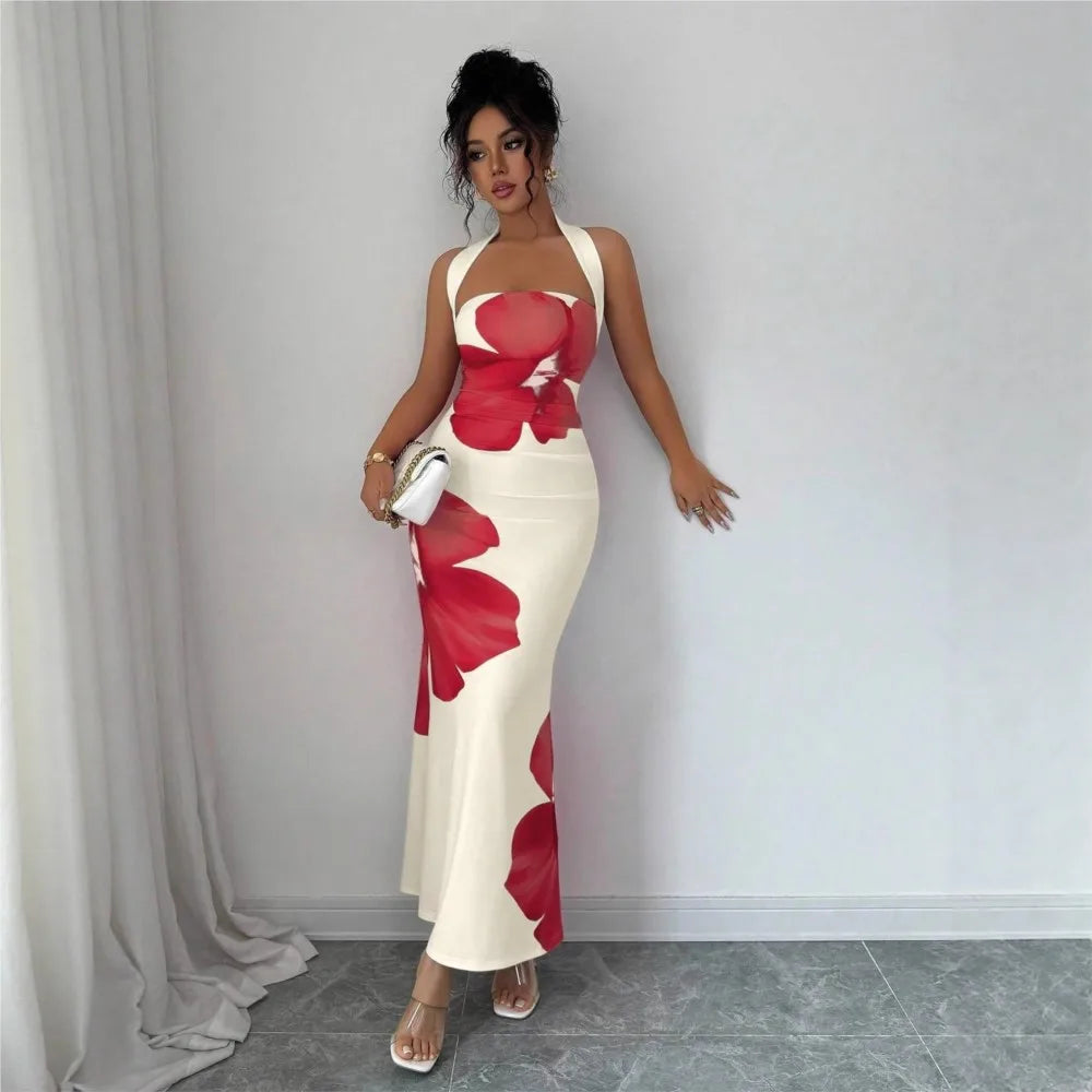 2026 Package Hip Dresses For Ladies Dress For Wedding Vestido Temperament Sexy French Hot Girl Style Neck Halter Printed Bodycon