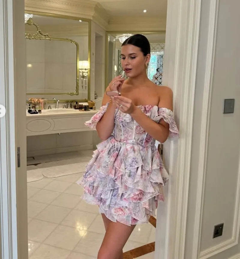 Off Shoulder Ruffle Dress Evening Club Wear Chiffon Dresses 2025 Women Summer Vintage Outfits Sexy Bodycon Pleated Mini Dress