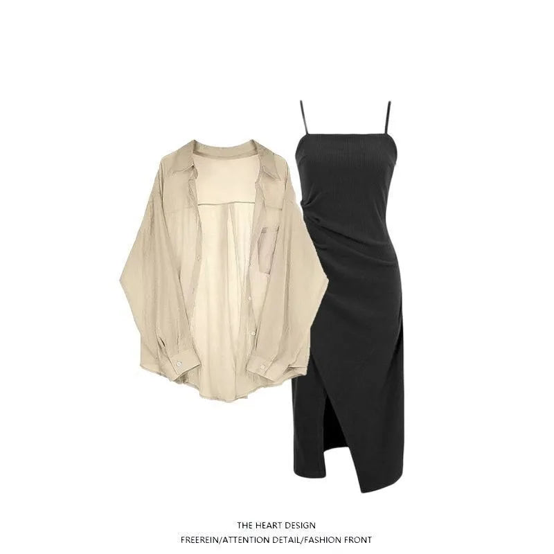 Women's Summer Dress Matching Set 2026 New Fashion Chiffon Sunscreen Shirt Slip Skirt Two-piece Korean Elegant Chic Blouse Suit