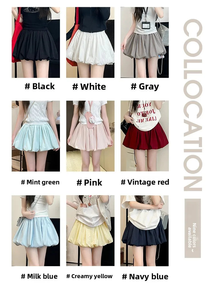 Women's Mini Skirt High Waist A-Line Slimming Summer Skirt with Built-in Shorts for Petite, Pleated Puff Hem Pink