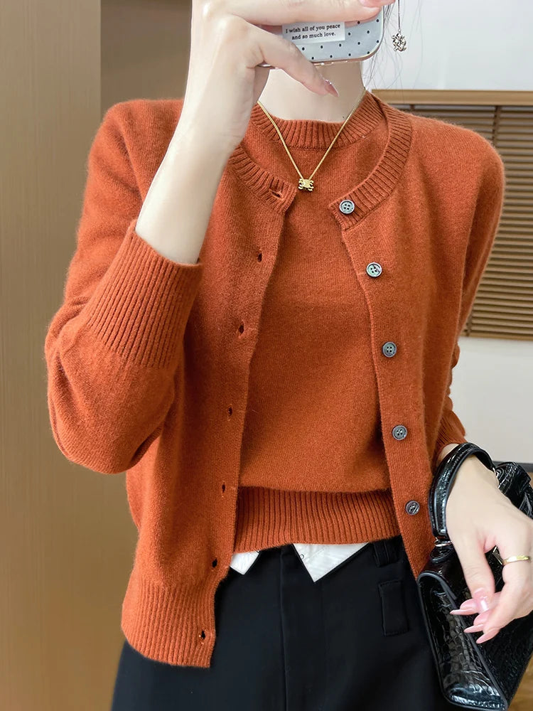 Autumn Winter Women's Sweater Cardigan Two-piece Set Pullover 100% Merino Wool Knitwear O-neck T-shirt Office Lady Clothing Tops