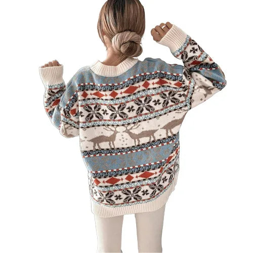 2026 New Winter Christmas Sweater for Women Jacquard Knitted Long Sleeve Warm Deer Print Pullover Tops Knitwear