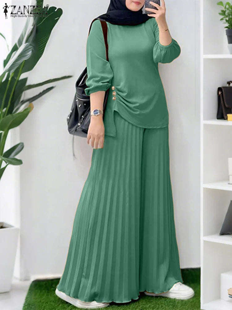 Women Autumn Matching Sets Muslim Outfits Ramadan 2 Pieces Set Casual Long Sleeve Tops Trousers Suit Solid Tracksuit