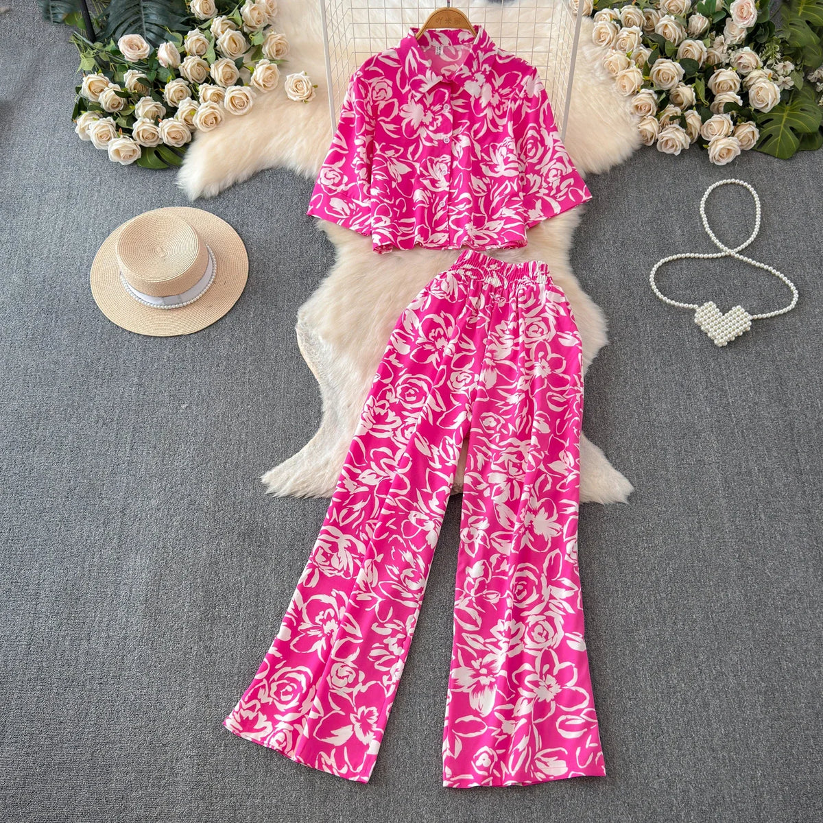 2026 Summer Matching Set Women Floral Print Short Sleeve Shirt Top Elastic Waist Long Pants Fashion Streetwear Suit