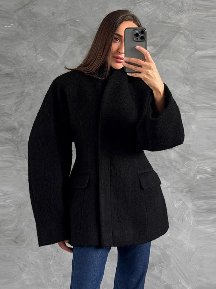 Women's Fleece Button Wasit Jacket Fashion Stand Collar Long Sleeve Pockets Oversized Coat Lady 2026 Spring New Casual Outerwear