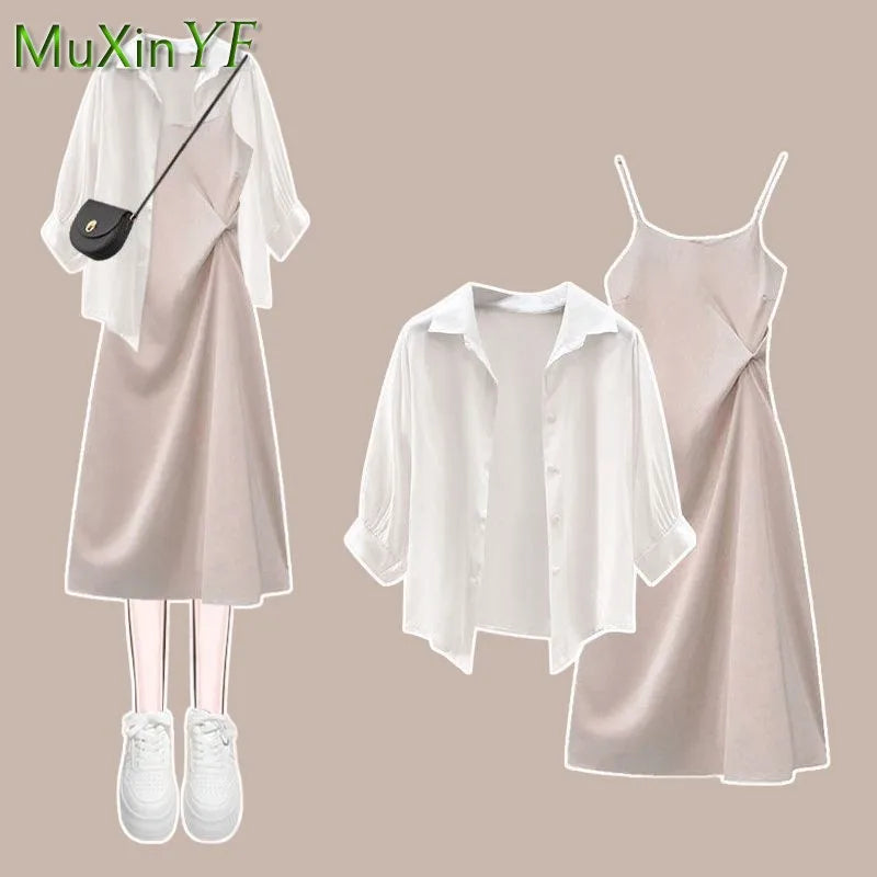 Women's Summer Dress Matching Set 2026 New Fashion Chiffon Sunscreen Shirt Slip Skirt Two-piece Korean Elegant Chic Blouse Suit