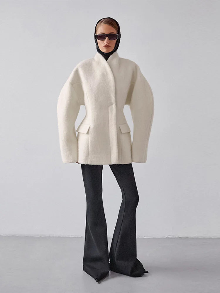 Women's Fleece Button Wasit Jacket Fashion Stand Collar Long Sleeve Pockets Oversized Coat Lady 2026 Spring New Casual Outerwear