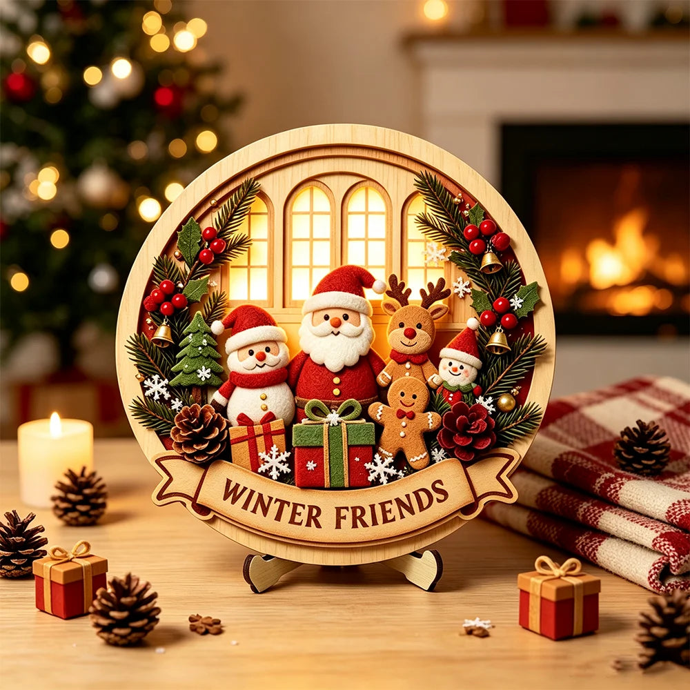 Christmas 2D Wooden Tabletop Decor with Stand Santa Snowman Reindeer Ect. Xmas Holiday Desktop Decor for Home Party