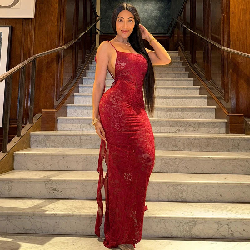 Sexy Spaghetti Strap Backless Floral Lace Dress Women Night Club Party See Through Tassel Prom Long Dresses Vestidos De Fiesta