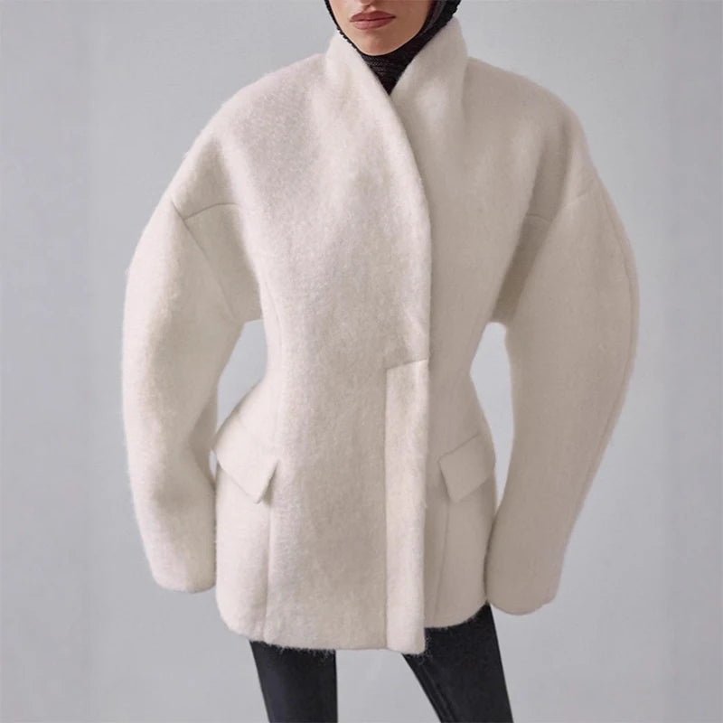 Women's Fleece Button Wasit Jacket Fashion Stand Collar Long Sleeve Pockets Oversized Coat Lady 2026 Spring New Casual Outerwear