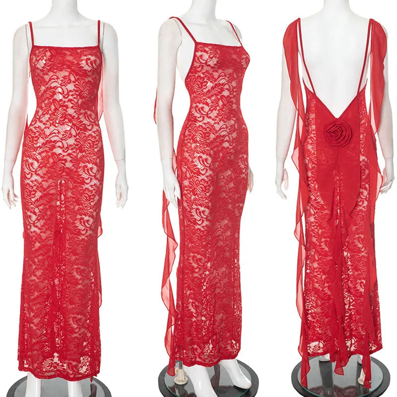 Sexy Spaghetti Strap Backless Floral Lace Dress Women Night Club Party See Through Tassel Prom Long Dresses Vestidos De Fiesta