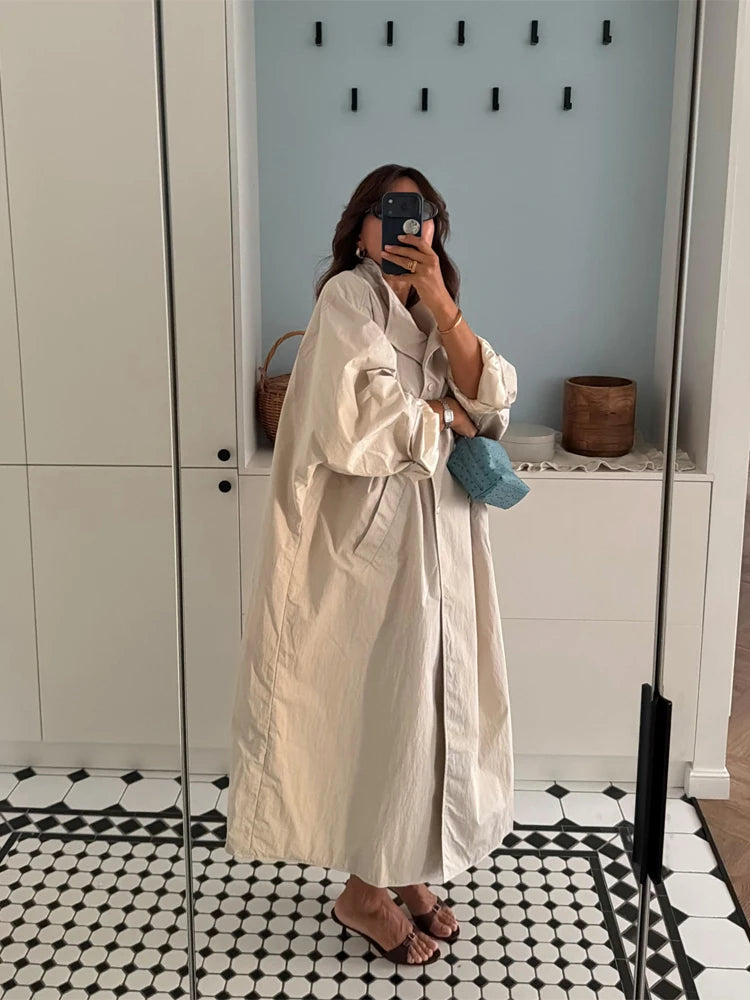 Oversized Stand Collar Long Trench Coat Women Single Button Loose Wide Sleeve Minimalist Windbreaker Luxury Casual Outerwear New