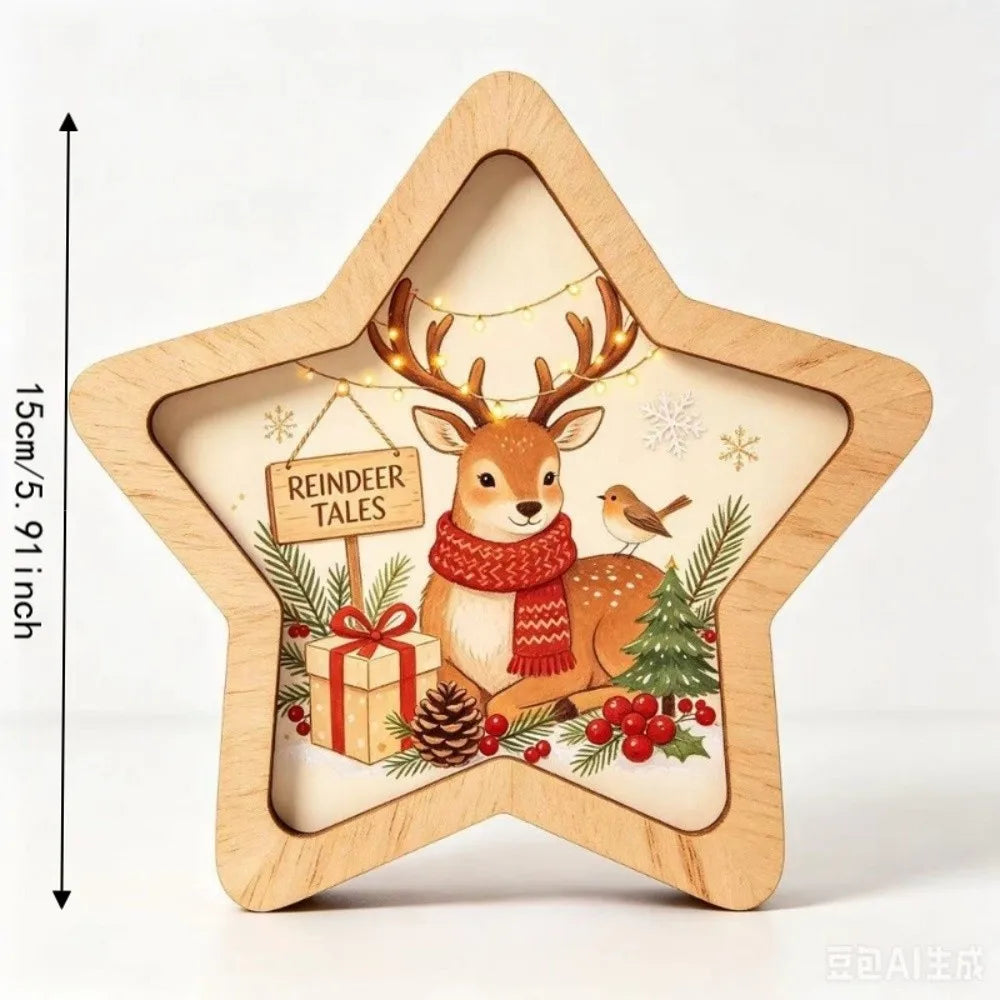 Christmas Theme Wooden Christmas Decoration Star Shape Snowman Deer Xmas Wall Art 2D Print Rabbit Wall Decor Home Decoration