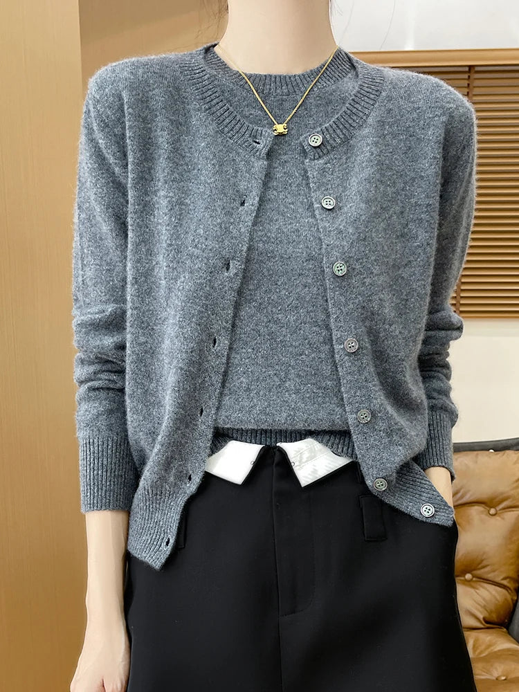 Autumn Winter Women's Sweater Cardigan Two-piece Set Pullover 100% Merino Wool Knitwear O-neck T-shirt Office Lady Clothing Tops