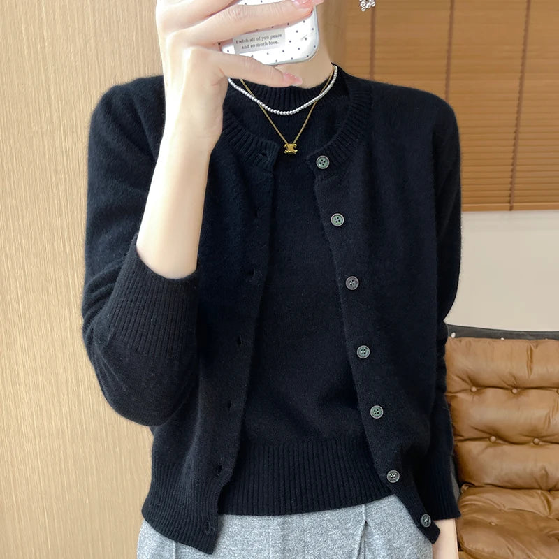Autumn Winter Women's Sweater Cardigan Two-piece Set Pullover 100% Merino Wool Knitwear O-neck T-shirt Office Lady Clothing Tops