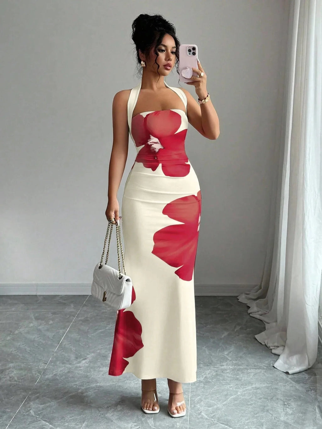 2026 Package Hip Dresses For Ladies Dress For Wedding Vestido Temperament Sexy French Hot Girl Style Neck Halter Printed Bodycon