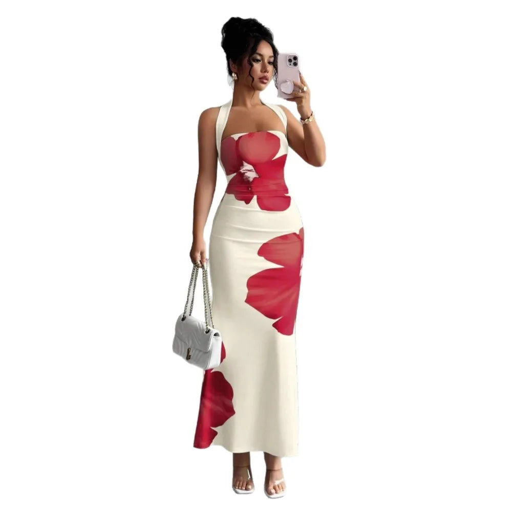 2026 Package Hip Dresses For Ladies Dress For Wedding Vestido Temperament Sexy French Hot Girl Style Neck Halter Printed Bodycon