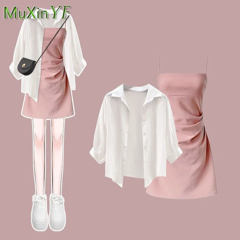 Women's Summer Dress Matching Set 2026 New Fashion Chiffon Sunscreen Shirt Slip Skirt Two-piece Korean Elegant Chic Blouse Suit