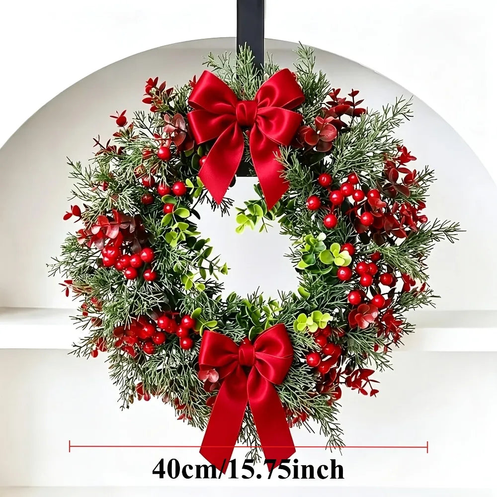 Christmas Decor Wreath with Bow with Red Berries Including Cranberries and Holly for Indoor and Outdoor Decoration