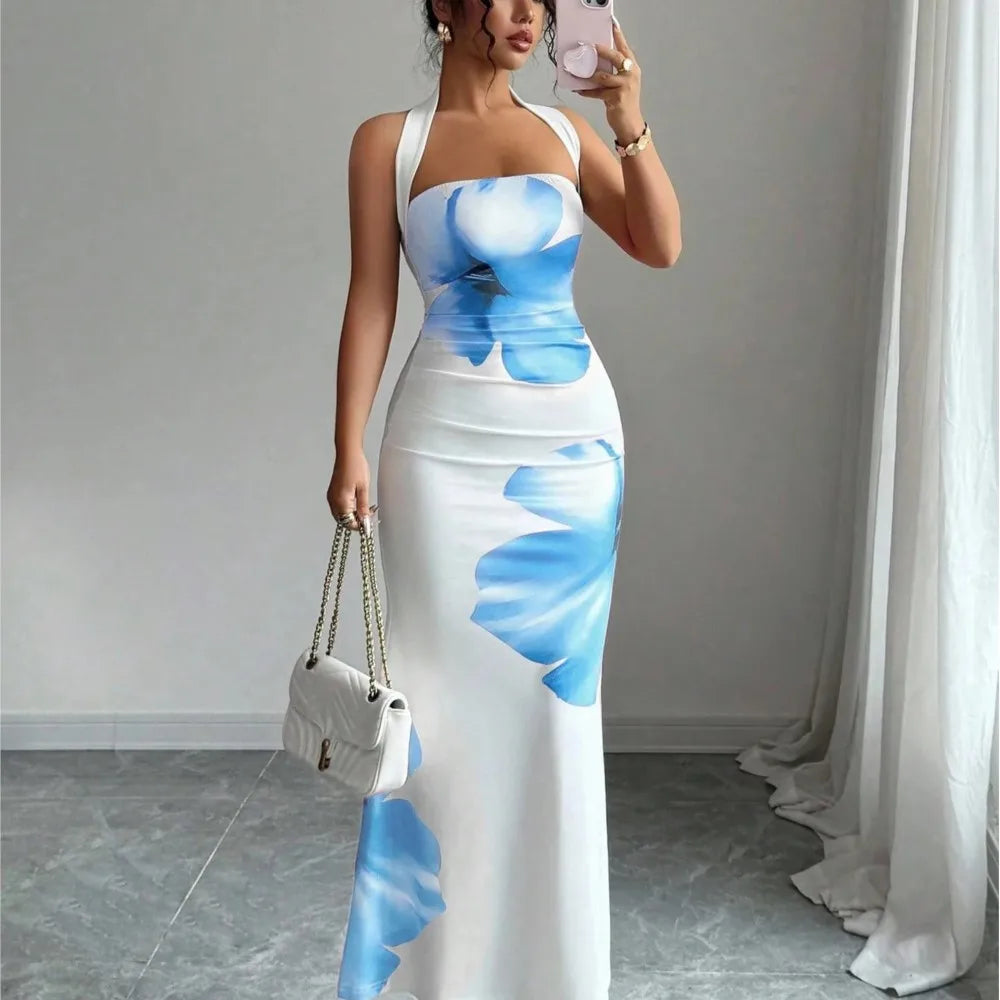 2026 Package Hip Dresses For Ladies Dress For Wedding Vestido Temperament Sexy French Hot Girl Style Neck Halter Printed Bodycon