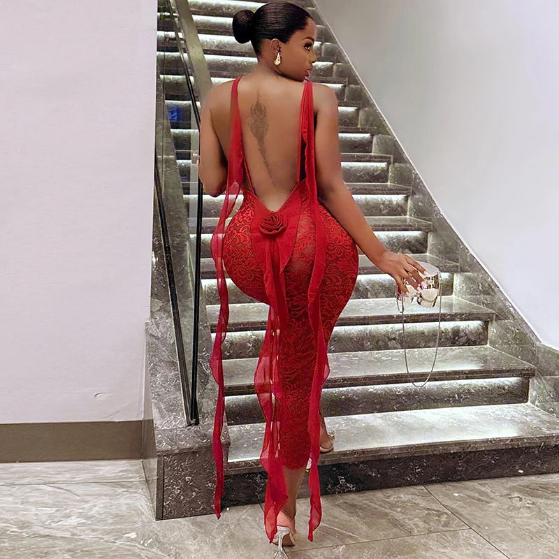 Sexy Spaghetti Strap Backless Floral Lace Dress Women Night Club Party See Through Tassel Prom Long Dresses Vestidos De Fiesta