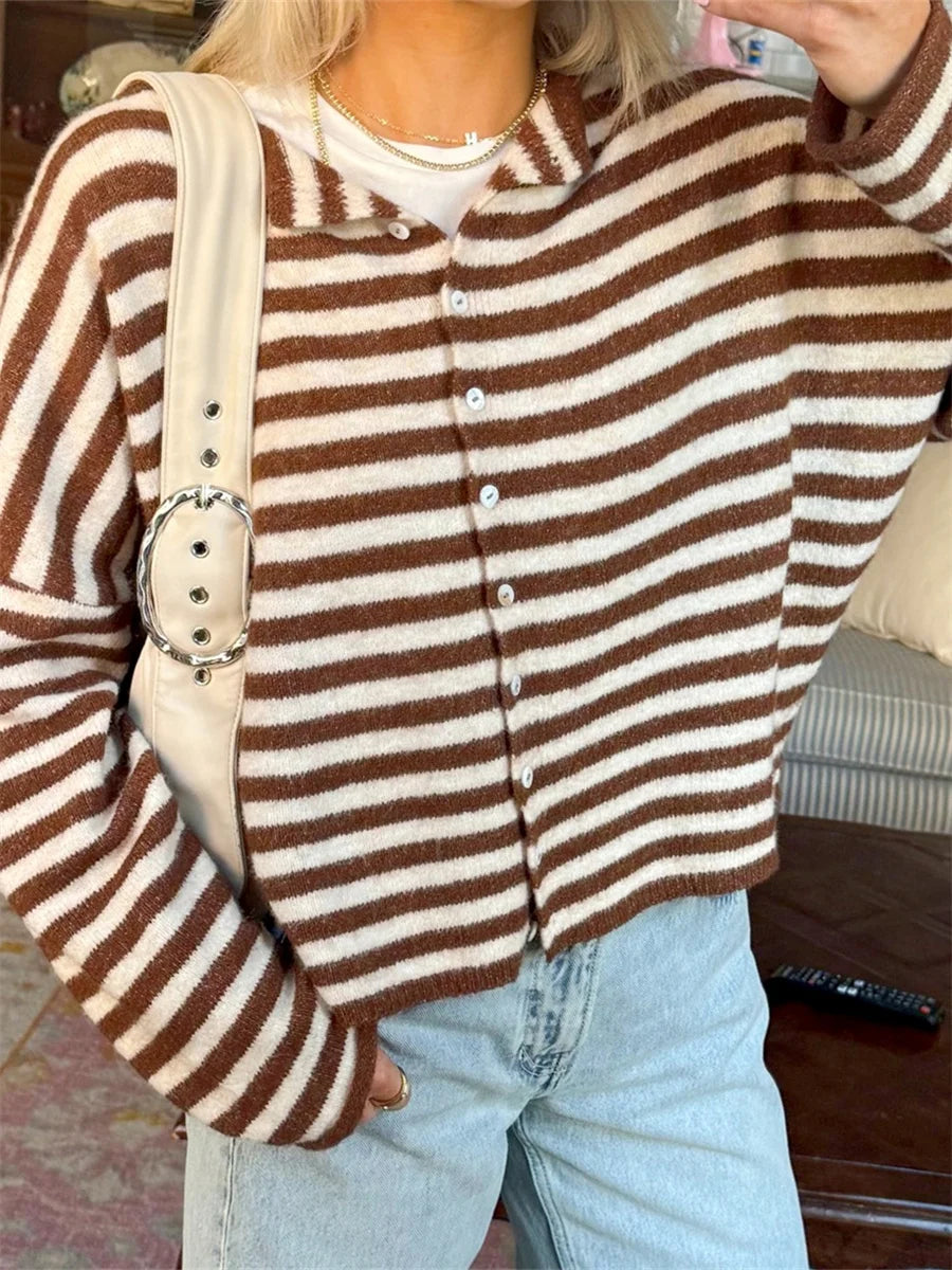 Women's Sweater Striped Button Down Cardigan Knit Tops Outerwear Casual Loose Long Sleeve Fall Tops Knitwear