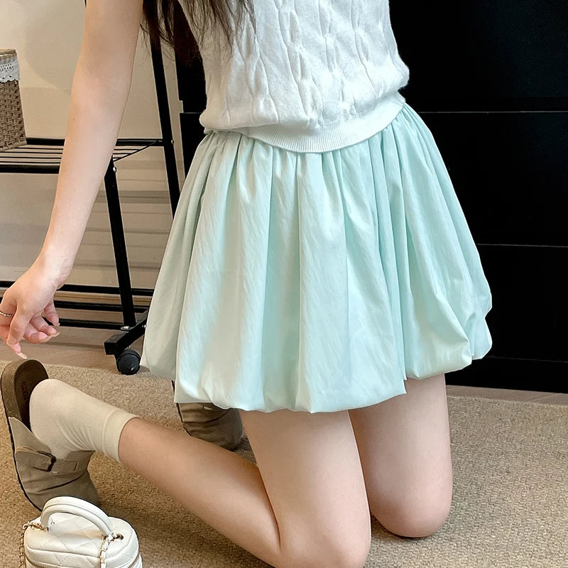 Women's Mini Skirt High Waist A-Line Slimming Summer Skirt with Built-in Shorts for Petite, Pleated Puff Hem Pink