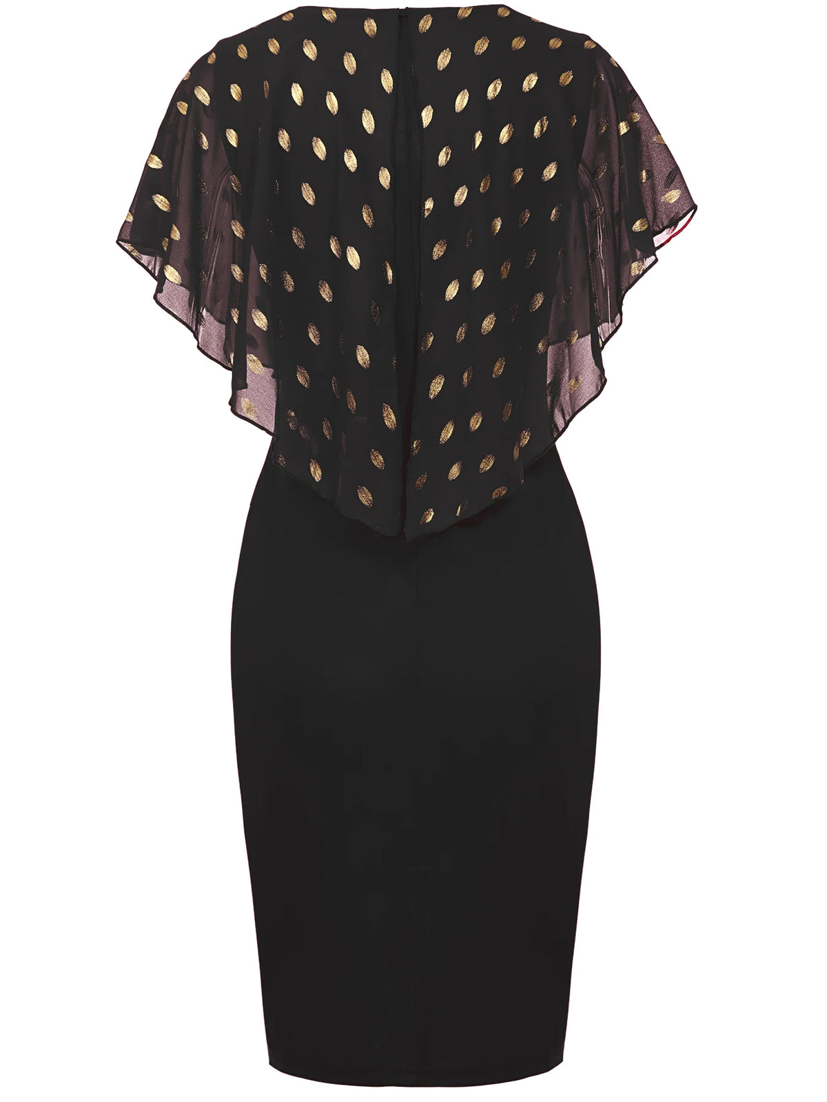 Womens Cape Ruffle Summer V Neck Polka Dot Cocktail Knee Length Business Casual Party Chiffon Pencil Bodycon Sheath Dress