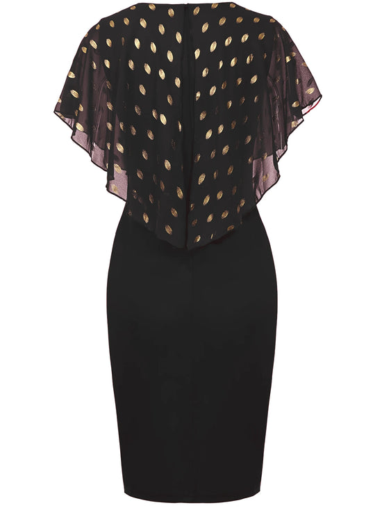 Womens Cape Ruffle Summer V Neck Polka Dot Cocktail Knee Length Business Casual Party Chiffon Pencil Bodycon Sheath Dress