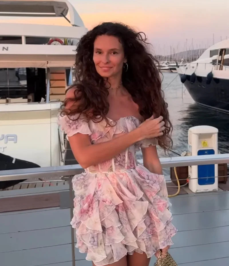 Off Shoulder Ruffle Dress Evening Club Wear Chiffon Dresses 2025 Women Summer Vintage Outfits Sexy Bodycon Pleated Mini Dress