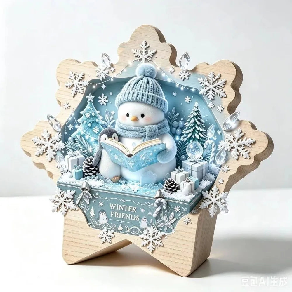 Christmas Theme Wooden Christmas Decoration Star Shape Snowman Deer Xmas Wall Art 2D Print Rabbit Wall Decor Home Decoration