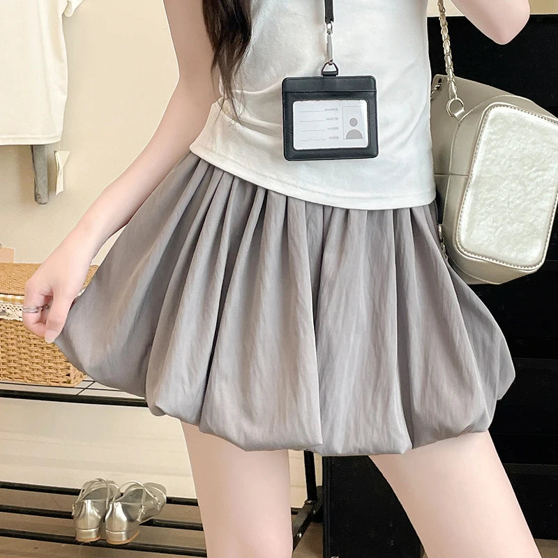 Women's Mini Skirt High Waist A-Line Slimming Summer Skirt with Built-in Shorts for Petite, Pleated Puff Hem Pink