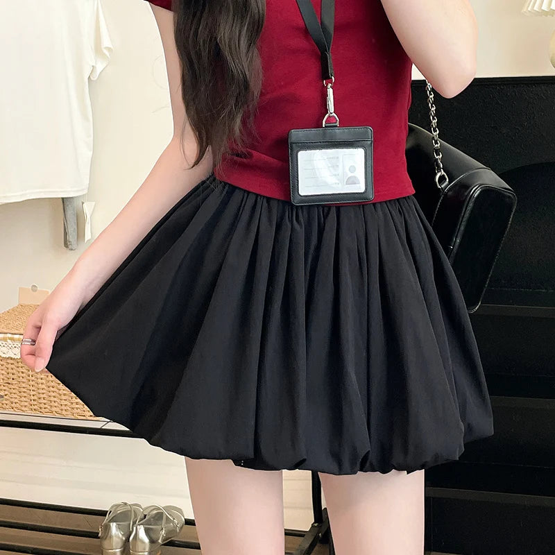 Women's Mini Skirt High Waist A-Line Slimming Summer Skirt with Built-in Shorts for Petite, Pleated Puff Hem Pink