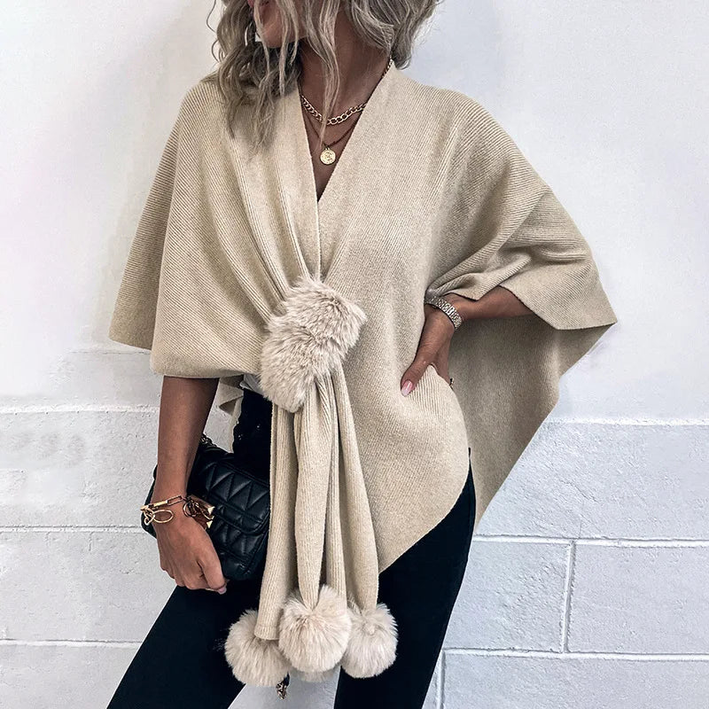 Sweater Women Fashion Solid Color Fur Ball Cloak New Solid Color Warm Comfirtable Shawl Knitted Cardigan Women MMYDP2505