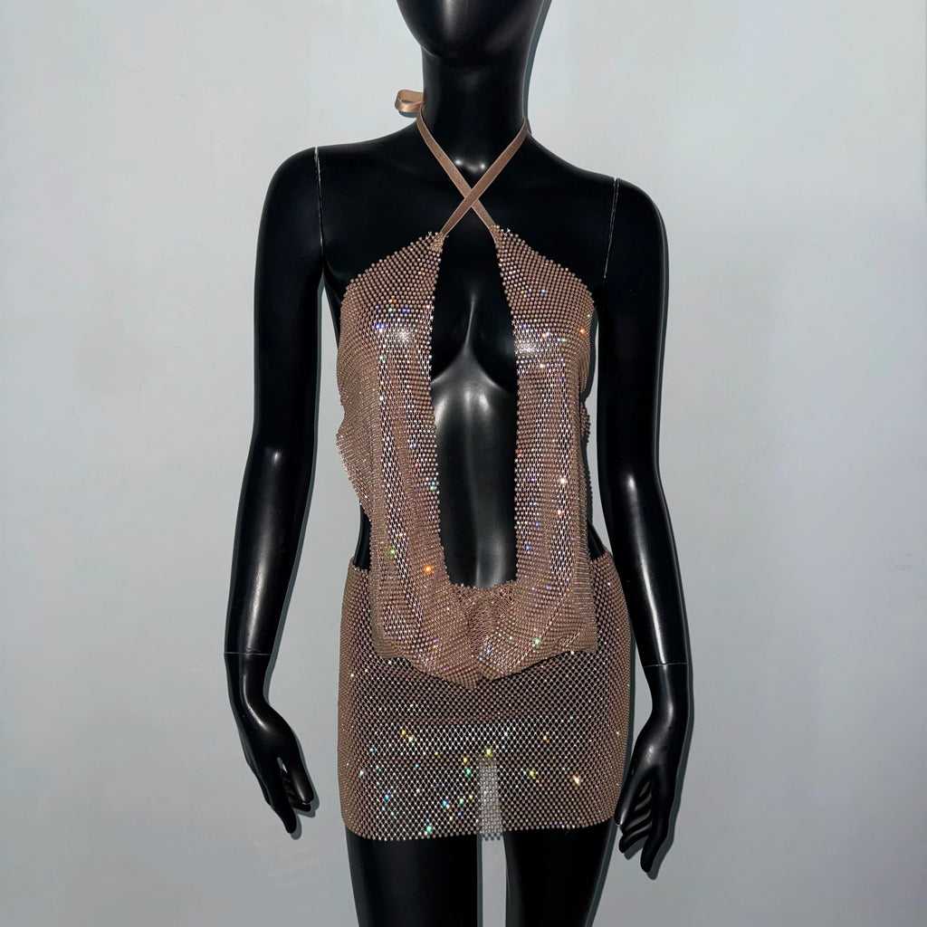 Shiny Rhinestone Mesh Draped Neckline Dress For Women Sexy Backless Halter Neck Hollow Out Mini Dress Rave Music Festival Dress