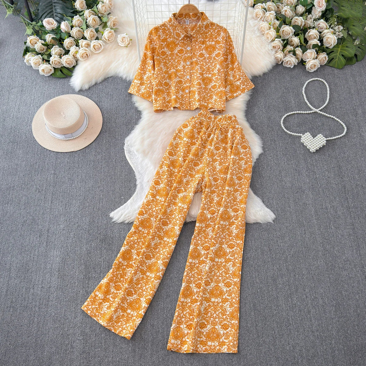 2026 Summer Matching Set Women Floral Print Short Sleeve Shirt Top Elastic Waist Long Pants Fashion Streetwear Suit