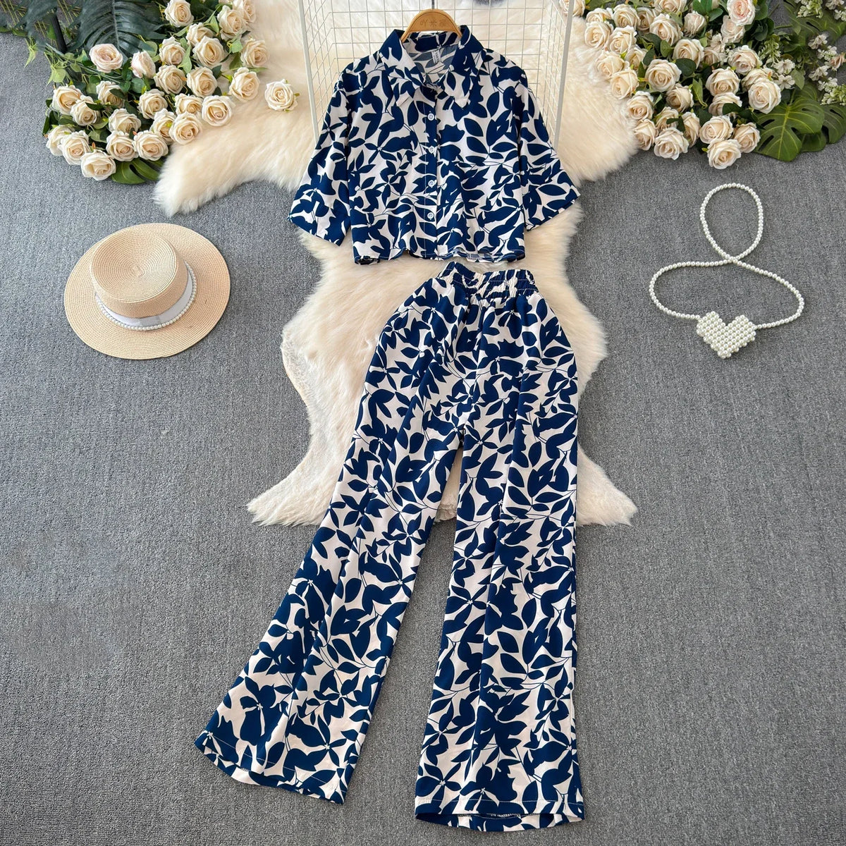 2026 Summer Matching Set Women Floral Print Short Sleeve Shirt Top Elastic Waist Long Pants Fashion Streetwear Suit