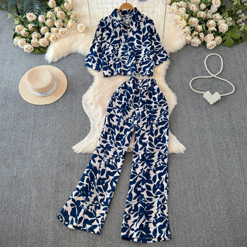 2026 Summer Matching Set Women Floral Print Short Sleeve Shirt Top Elastic Waist Long Pants Fashion Streetwear Suit