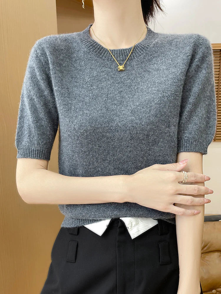 Autumn Winter Women's Sweater Cardigan Two-piece Set Pullover 100% Merino Wool Knitwear O-neck T-shirt Office Lady Clothing Tops