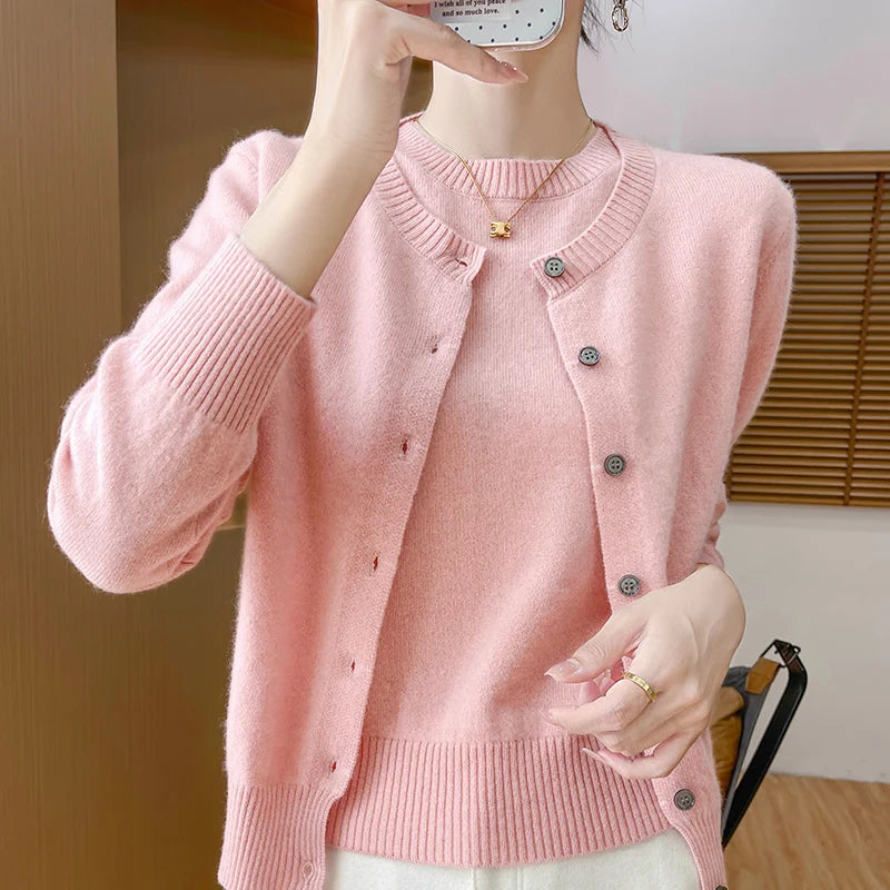 Autumn Winter Women's Sweater Cardigan Two-piece Set Pullover 100% Merino Wool Knitwear O-neck T-shirt Office Lady Clothing Tops