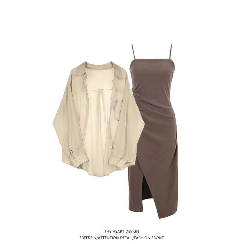 Women's Summer Dress Matching Set 2026 New Fashion Chiffon Sunscreen Shirt Slip Skirt Two-piece Korean Elegant Chic Blouse Suit