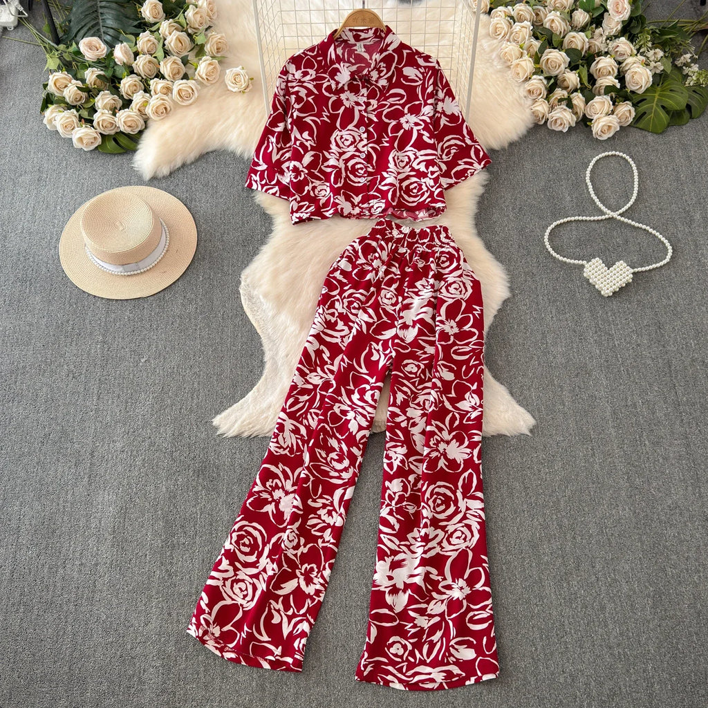 2026 Summer Matching Set Women Floral Print Short Sleeve Shirt Top Elastic Waist Long Pants Fashion Streetwear Suit