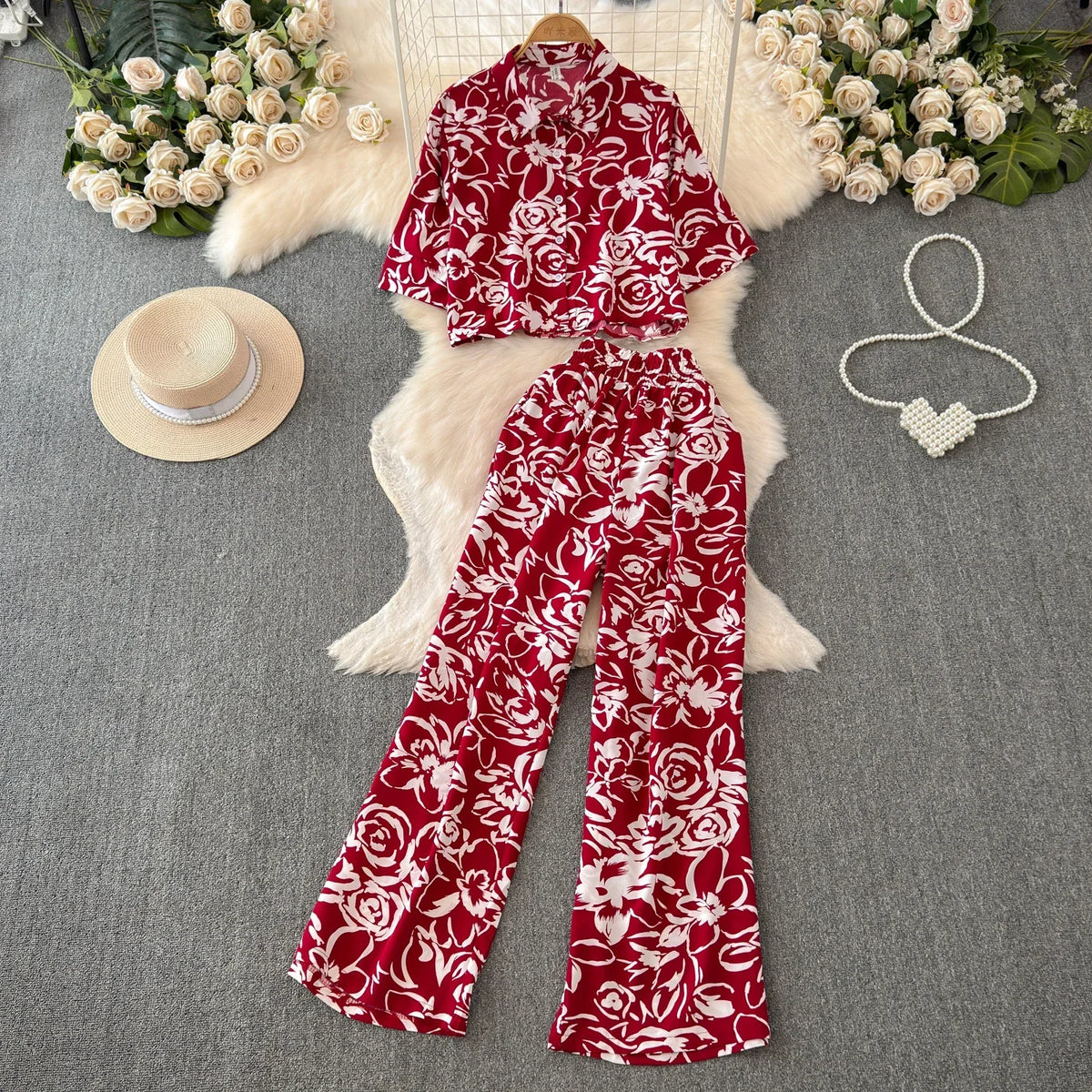 2026 Summer Matching Set Women Floral Print Short Sleeve Shirt Top Elastic Waist Long Pants Fashion Streetwear Suit