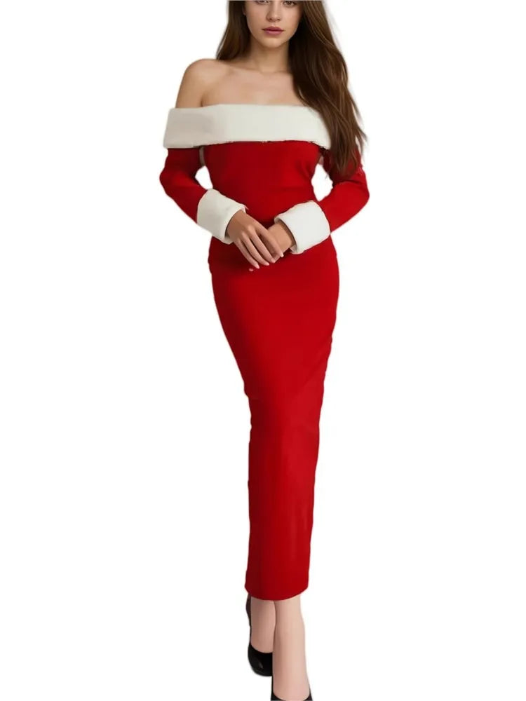 Autumn And Winter New Style Christmas Women's Dress Sexy One-shoulder Plush Stitching Slim Hip-hugging Female Red Dresses 2025