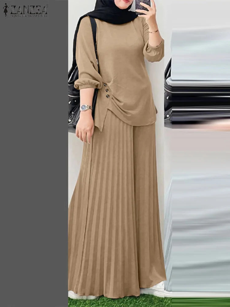 Women Autumn Matching Sets Muslim Outfits Ramadan 2 Pieces Set Casual Long Sleeve Tops Trousers Suit Solid Tracksuit