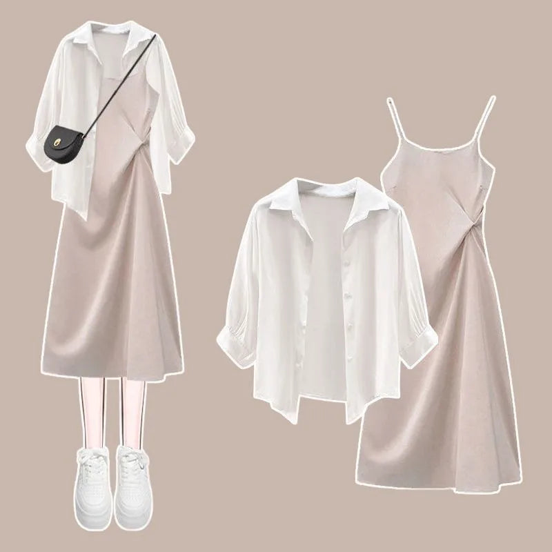 Women's Summer Dress Matching Set 2026 New Fashion Chiffon Sunscreen Shirt Slip Skirt Two-piece Korean Elegant Chic Blouse Suit