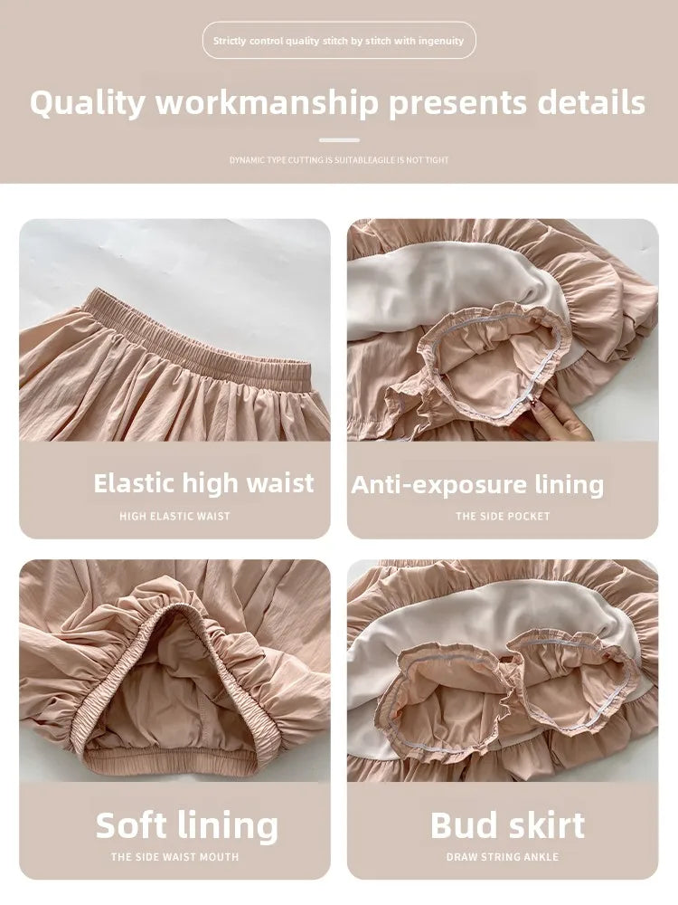 Women's Mini Skirt High Waist A-Line Slimming Summer Skirt with Built-in Shorts for Petite, Pleated Puff Hem Pink