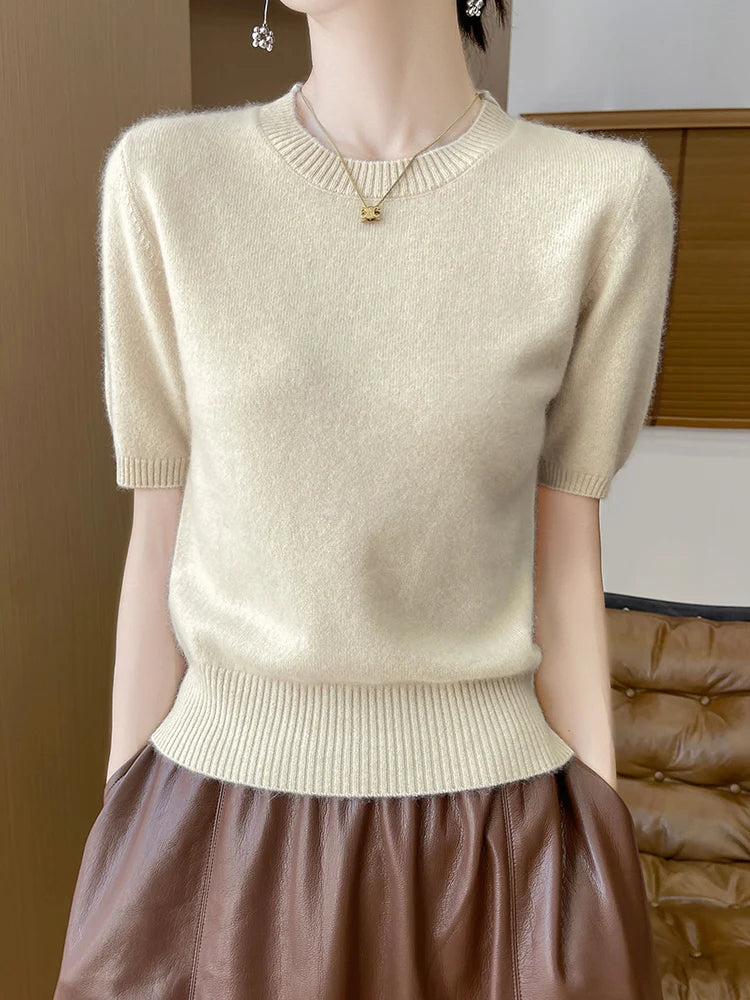 Autumn Winter Women's Sweater Cardigan Two-piece Set Pullover 100% Merino Wool Knitwear O-neck T-shirt Office Lady Clothing Tops