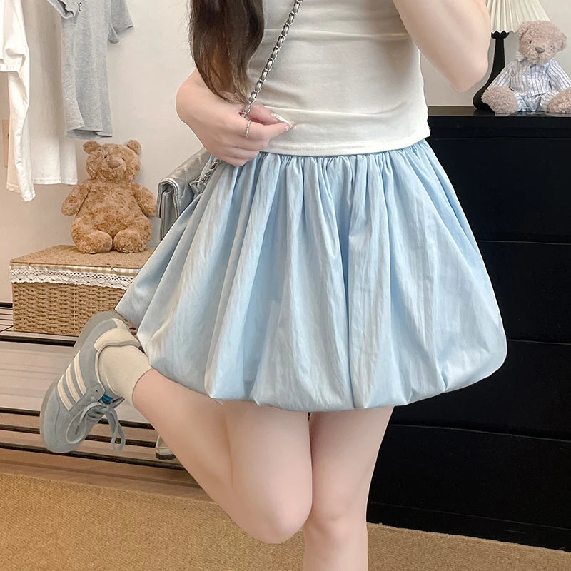 Women's Mini Skirt High Waist A-Line Slimming Summer Skirt with Built-in Shorts for Petite, Pleated Puff Hem Pink